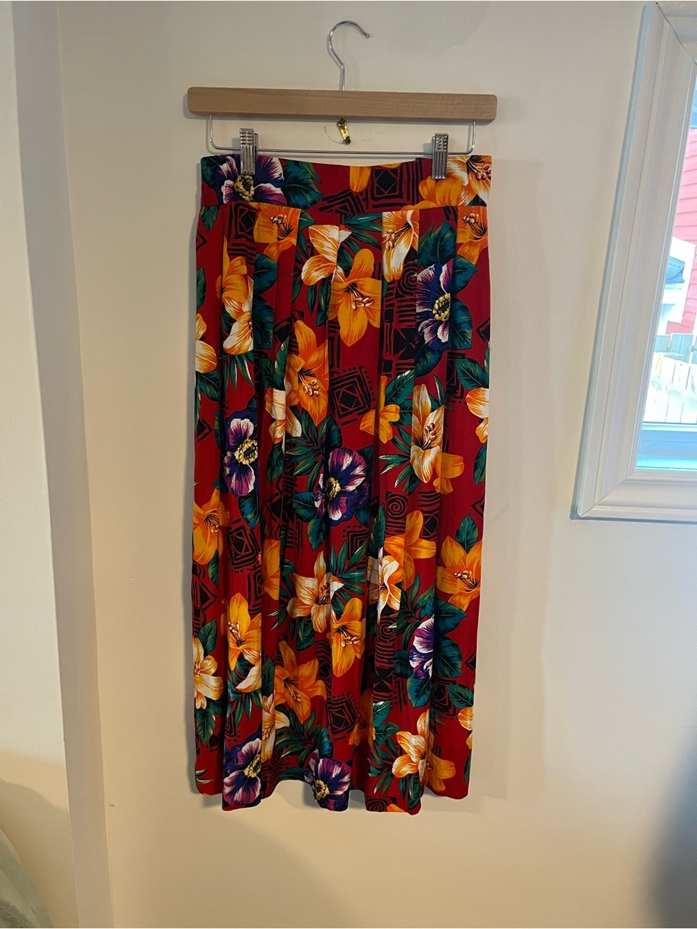 Womens Vintage Red Floral Midi Fall Autumn Midi Skirt Size M 30” W